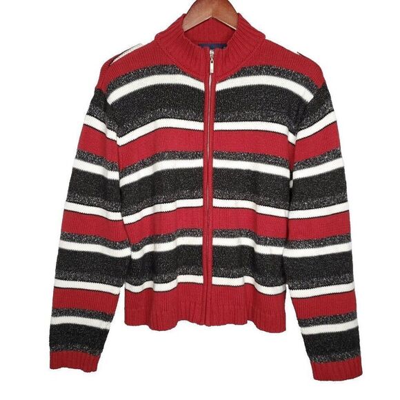 Striped Cotton Cardigan Sweater L Zip Closure Collared Sporty Red Black White - Picture 1 of 5